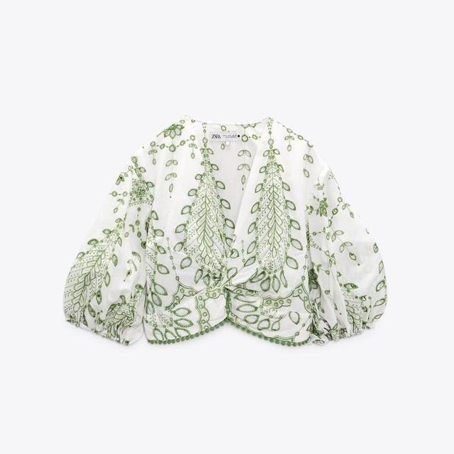 Zara Women's Crop top - Green/White - M on Productcaster.