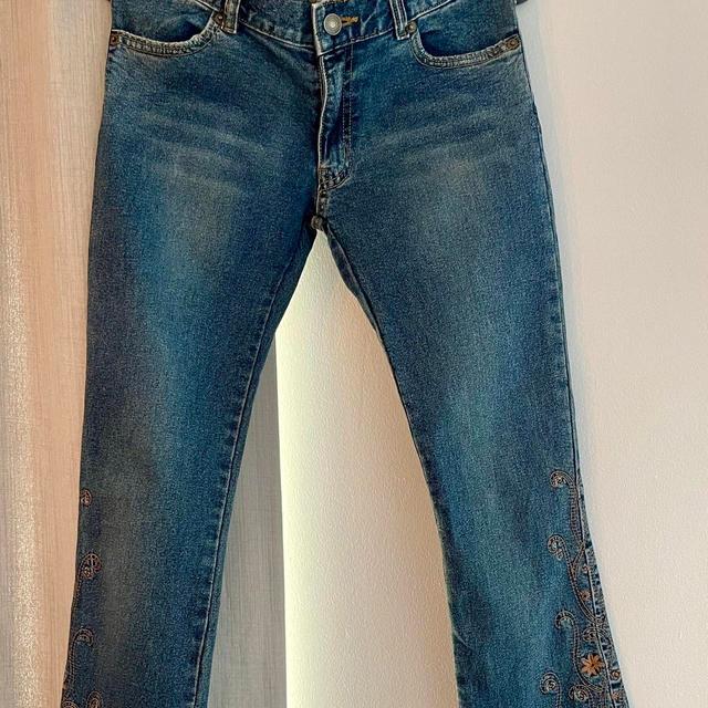 Vintage Women's Bootcut Embroidered Jeans - Blue/Navy - UK 8 on Productcaster.