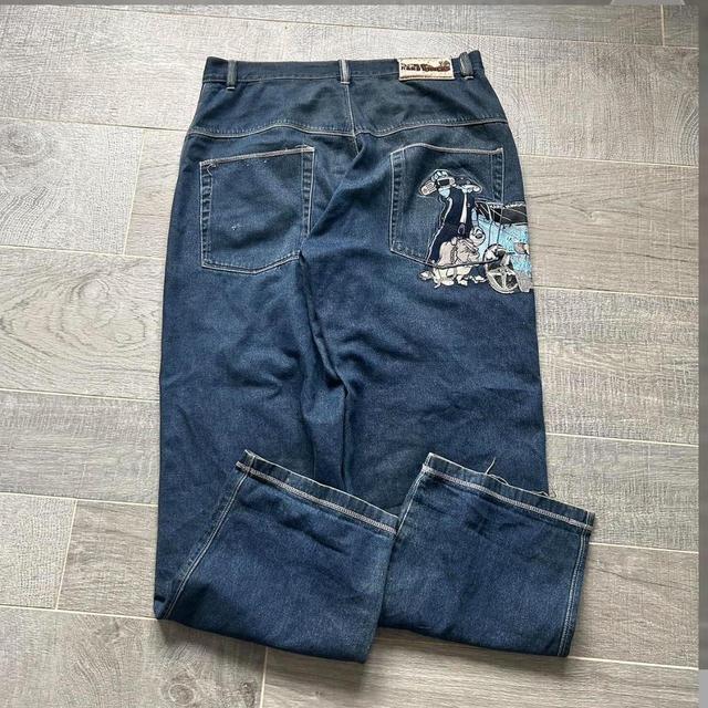 Vintage Men's Wide leg Embroidered Jeans - Blue - 36" on Productcaster.