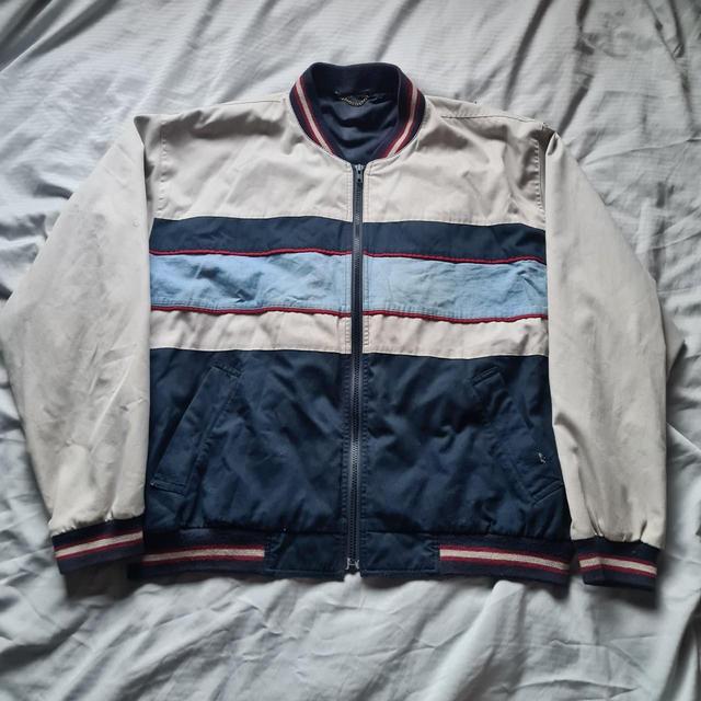 Vintage Men's Bomber Jacket - Cream/Blue - L on Productcaster.