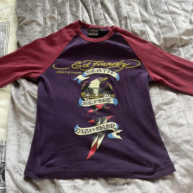 Ed Hardy Women's T-shirt - Burgundy/Purple - M on Productcaster.