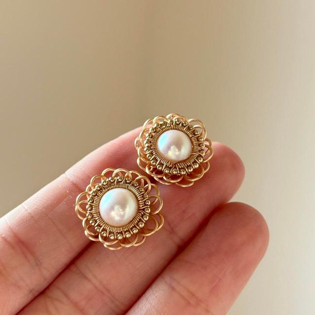 Handmade Women's Earrings - Gold/White on Productcaster.