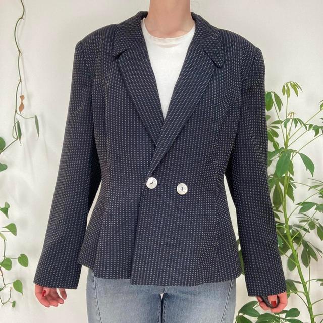 Vintage Women's Blazer Jacket - Navy/Tan - UK 14 on Productcaster.