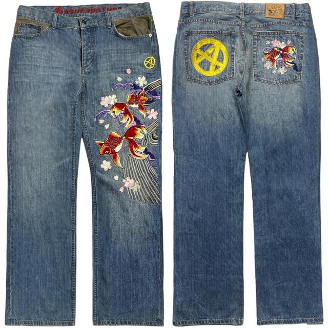 Vintage Men's Embroidered Jeans - Blue - 35" on Productcaster.