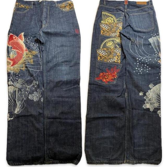 Men's Embroidered Jeans - Blue/Navy - 34" on Productcaster.