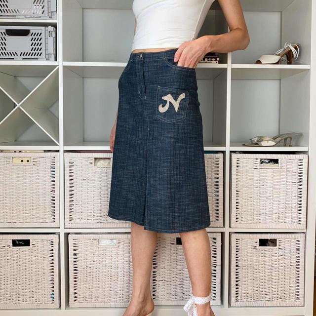 Vintage Women's Midi Skirt - Navy/Cream - UK 8 on Productcaster.