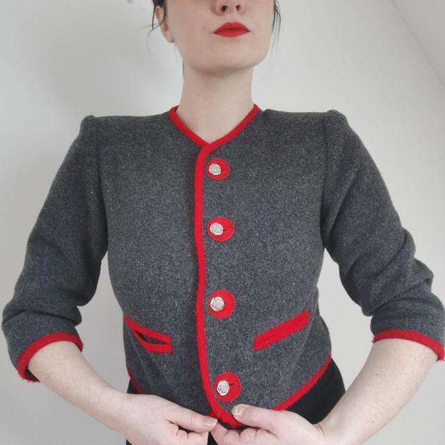 Vintage Women's Wool Jacket - Grey/Red - UK 8 on Productcaster.