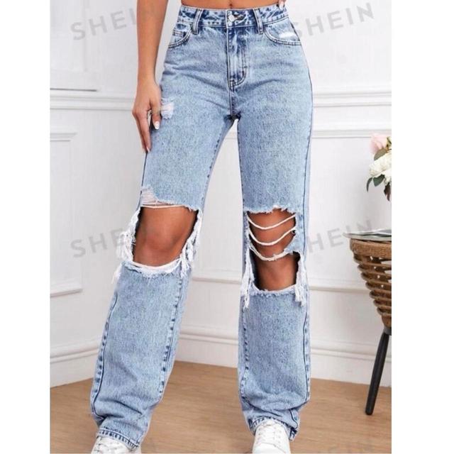 SHEIN Women's Ripped Trousers - Blue - UK 8 on Productcaster.