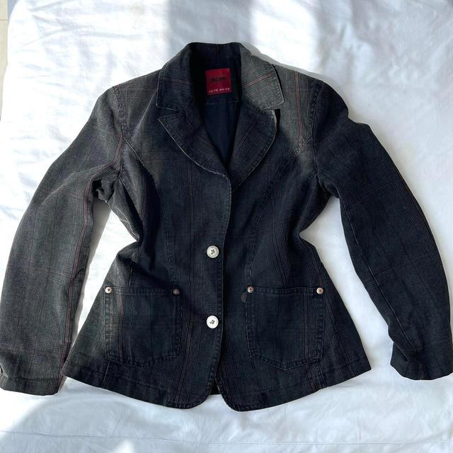 Vintage Women's Blazer Jacket - Black/Burgundy - UK 10 on Productcaster.