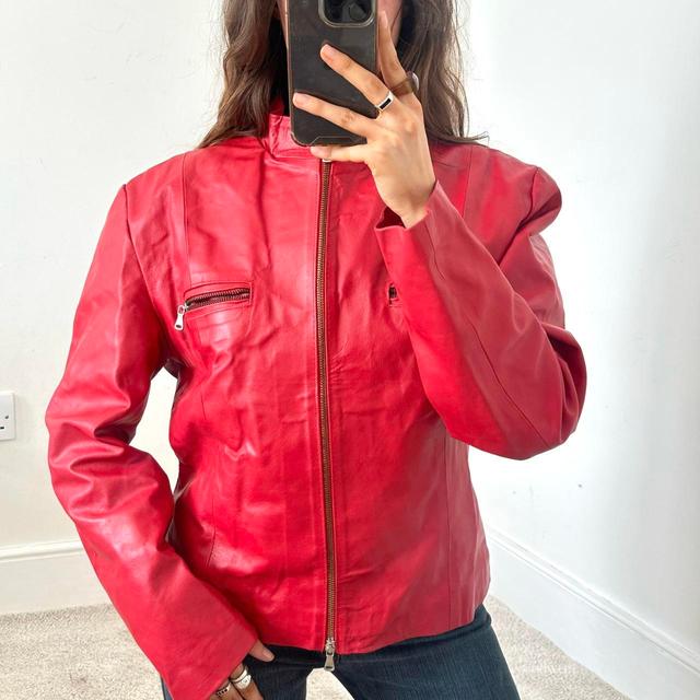 Vintage Women's Bomber Jacket - Red/Burgundy - UK 14 on Productcaster.