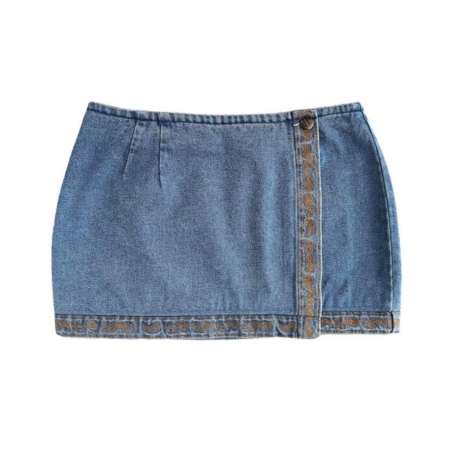 Reworked Women's Denim Skirt - Blue/Brown - 30" on Productcaster.