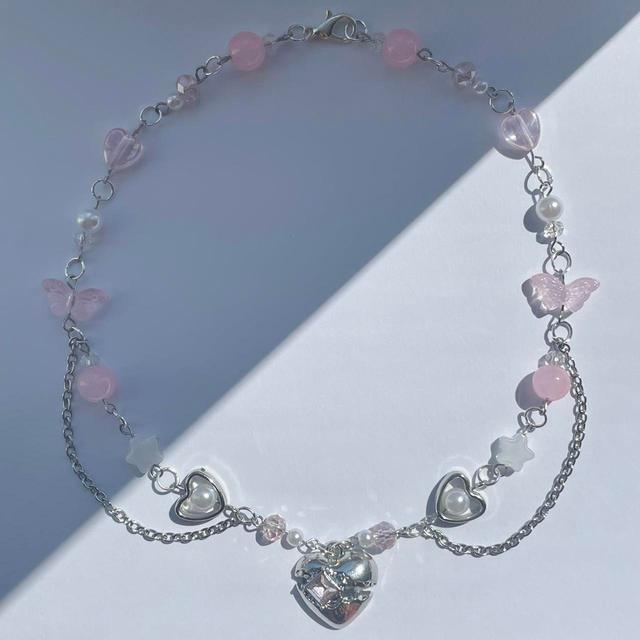 Handmade Women's Necklace - Pink/Silver on Productcaster.