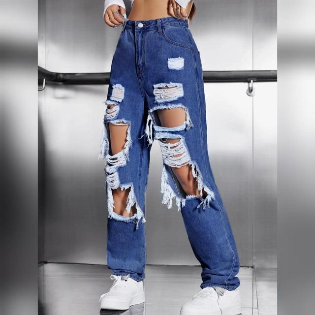 Designer Women's Distressed Jeans - Blue - UK 16 on Productcaster.