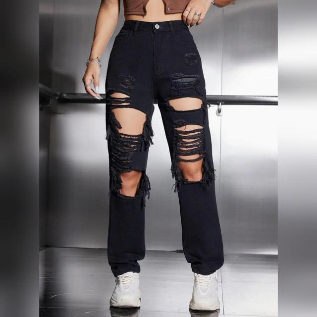 Designer Women's Distressed Jeans - Black - UK 12 on Productcaster.