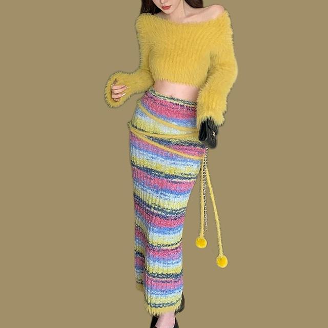 Vintage Women's Maxi Skirt - Yellow/Pink - L on Productcaster.