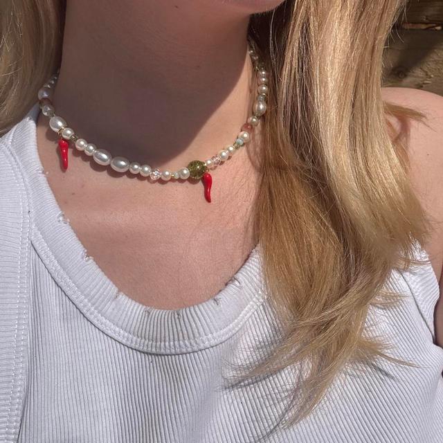 Women's Necklace - White/Red on Productcaster.