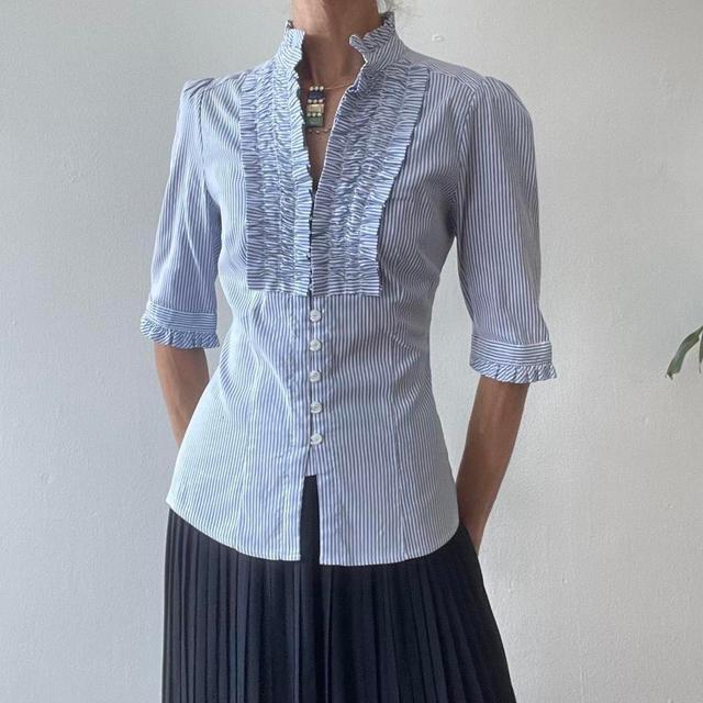 Vintage Women's Blouse - Blue/White - 10 on Productcaster.