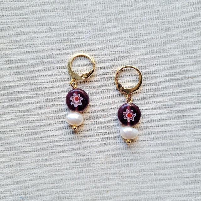 Handmade Women's Earrings - Gold/Burgundy on Productcaster.