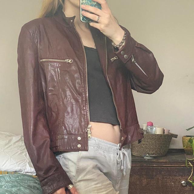 Vintage Women's Bomber Jacket - Burgundy/Brown - UK 8 on Productcaster.