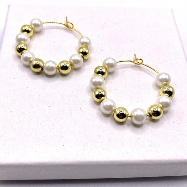 Handmade Women's Earrings - Cream/Gold on Productcaster.