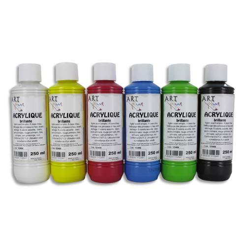 Coffret de 6 x 250ml acrylique brillante Blanc, Jaune, Rouge, Bleu, Vert, Noir - Art plus on Productcaster.