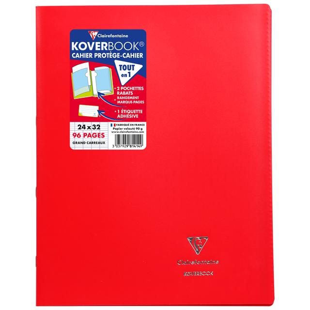 Cahier piqué Koverbook 24x32 cm 96 pages grands carreaux couverture polypropylène opaque 100% recyclé - Rouge - Lot de 10 - Clairefontaine on Productcaster.