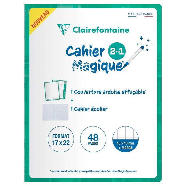 Cahier Magique couverture ardoise double-face effaçable piqué 17x22cm 48 pages quadrillé 10 x 10 + Marge - Vert émeraude - Lot de 20 - Clairefontaine on Productcaster.