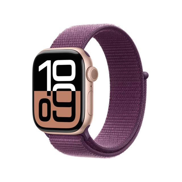 Apple Watch Series 10 (GPS + Cellular) - 42 mm - rose gold aluminium - smart watch with sport loop - soft double-layer nylon - plum - wrist size: 130- on Productcaster.