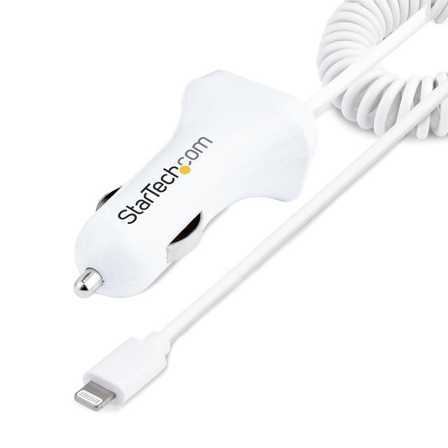 StarTech.com Lightning Car Charger with Coiled Cable, 1m Coiled Lightning Cable, 12W, White, 2 Port USB Car Charger Adapter for Phones and Tablets,  on Productcaster.