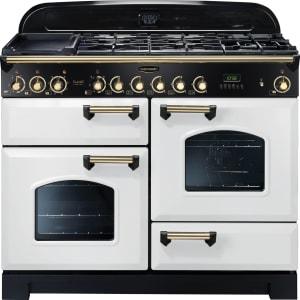 Rangemaster Classic Deluxe 110cm Dual Fuel Range Cooker - White with Brass Trim on Productcaster.