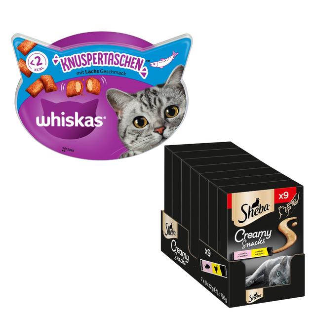 15% taniej! Whiskas Temptations, chrupiące poduszeczki, 2 x 180 g + Sheba Creamy Snacks, 9 x 12 g - Łosoś, 2 x 180 g + Kurczak i łosoś, 9 x 12 g on Productcaster.