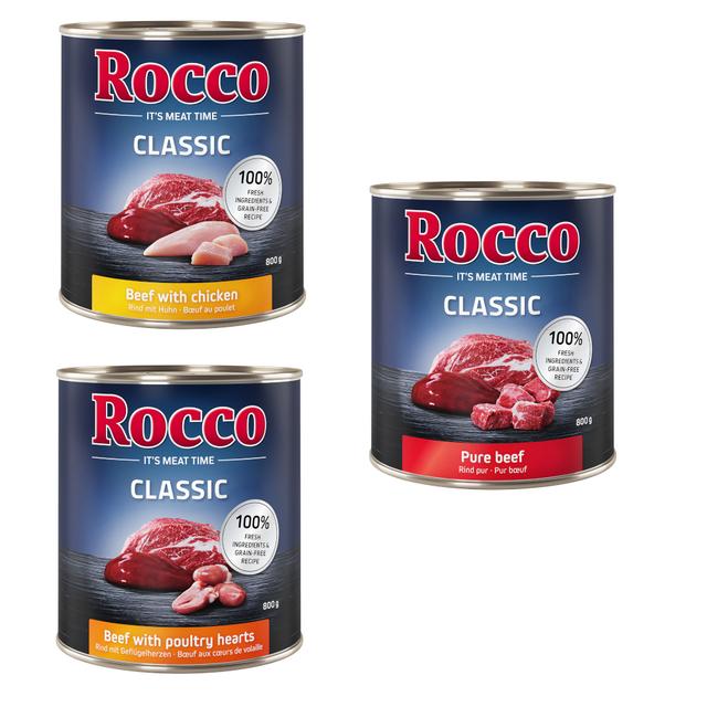 Rocco Classic míchané balení na zkoušku 6 x 800 g - nejprodávanější mix: hovězí, hovězí/drůbeží srdce, hovězí/kuřecí on Productcaster.