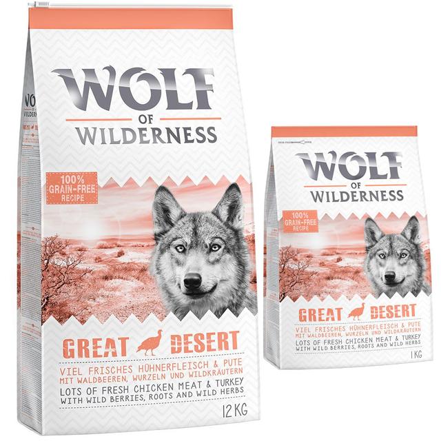 12 + 1 kg gratis! Wolf of Wilderness karma sucha dla psa, 13 kg - Adult „Great Desert”, indyk on Productcaster.