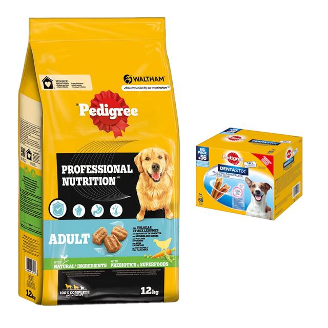 Pedigree Professional Nutrition 12kg + Dentastix Small 56ks - 15% sleva -  Adult s drůbežím a zeleninou 12kg + Dentastix každodenní péče o zuby Small, 56 ks - pro mladé a malé psy (5-10 kg) on Productcaster.