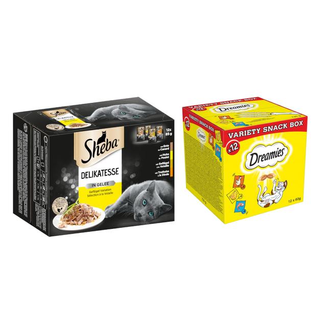 Sheba, 48 x 85 g + Dreamies 12 x 60 g - 15 % sleva - Delikatesse v želé Drůbeží variace on Productcaster.