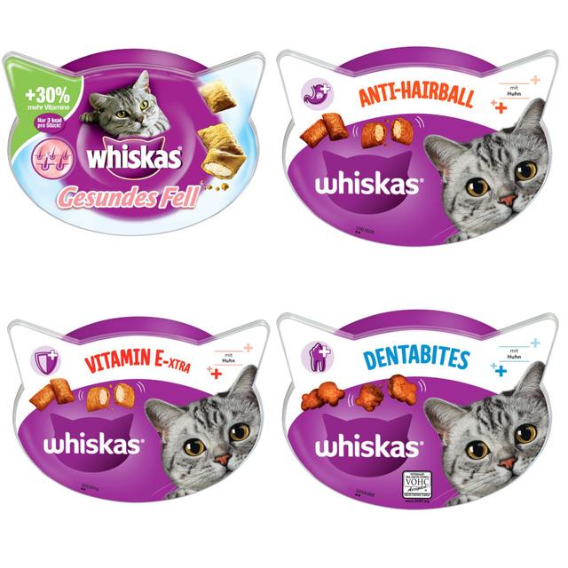 15% taniej! Whiskas, przysmaki, różne rodzaje - Anti-Hairball, 2 x 60 g + Dentabites, z kurczakiem, 2 x 40 g + Vitamin E-Xtra, 2 x 50 g + Zdrowa sierść, 2 x 50 g on Productcaster.