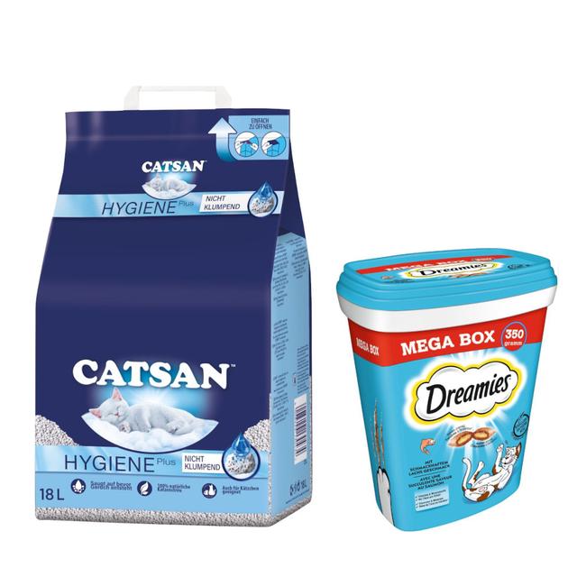 15% taniej! 18 l Catsan żwirek higieniczny + Dreamies Megatub przysmaki dla kota, 2 x 350 g  - 18 l + Łosoś, 2 x 350 g on Productcaster.