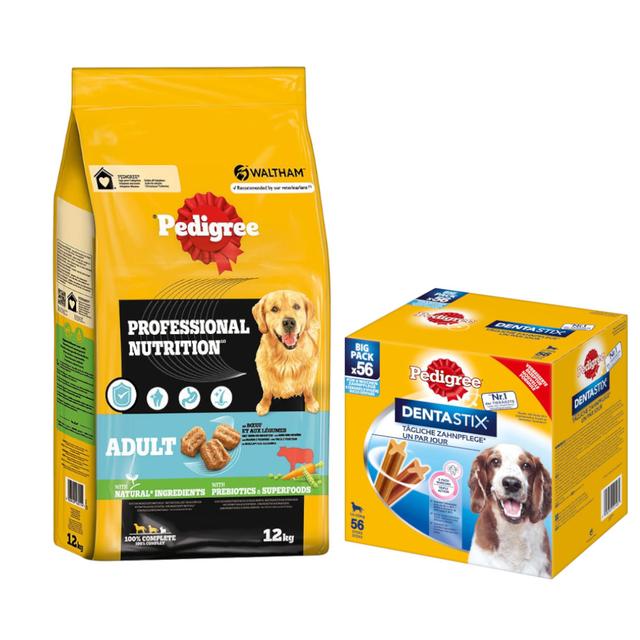 Pedigree Professional Nutrition 12kg + Dentastix Medium 56ks - 15% sleva -  Adult s hovězím a zeleninou 12 kg + Dentastix každodenní péče o zuby Medium, 56 ks - pro středně velké psy (10-25 kg) on Productcaster.