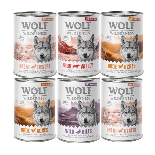 6 x 400 g míchaná balení - Wolf of Wilderness - "Free-Range Meat" Mix - 2x krůtí, 2x kuřecí, hovězí, kachní on Productcaster.