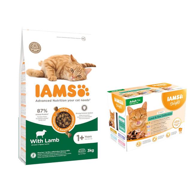 IAMS granule, 2 x 3 kg + IAMS Delights Adult Land & Sea Mix, 12 x 85 g zdarma -  Adult Lamb   2 x 3 kg + 12 x 85 g v omáčce on Productcaster.