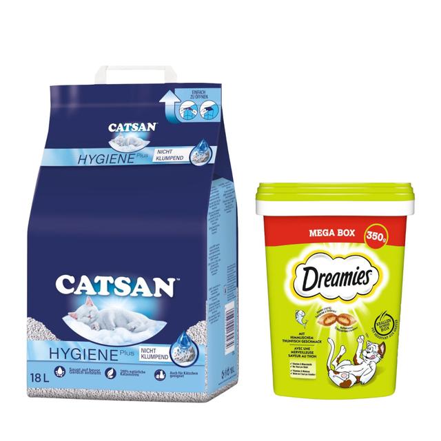 15% taniej! 18 l Catsan żwirek higieniczny + Dreamies Megatub przysmaki dla kota, 2 x 350 g  - 18 l + Tuńczyk, 2 x 350 g on Productcaster.