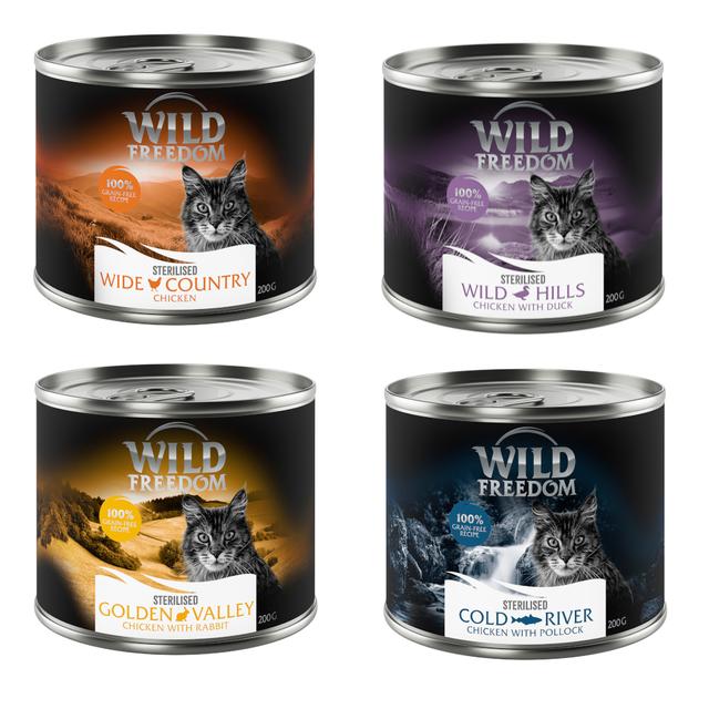 Wild Freedom Adult Sterilised 6 x 200 g – bez obilovin - míchané balení (2x kuře, 2x kuře a treska, 1x kuře a králík, 1x kuře a kachna) on Productcaster.