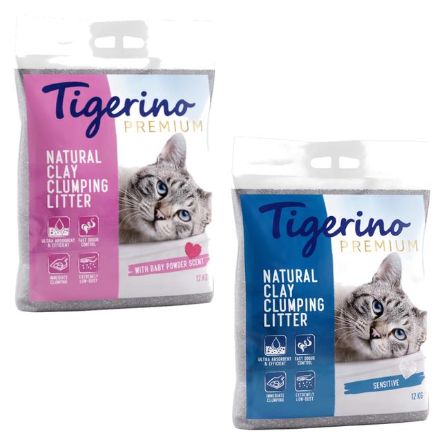 Pakiet mieszany Tigerino Premium, 2 x 12 kg - Zapach pudru dziecięcego + żwirek nieperfumowany on Productcaster.