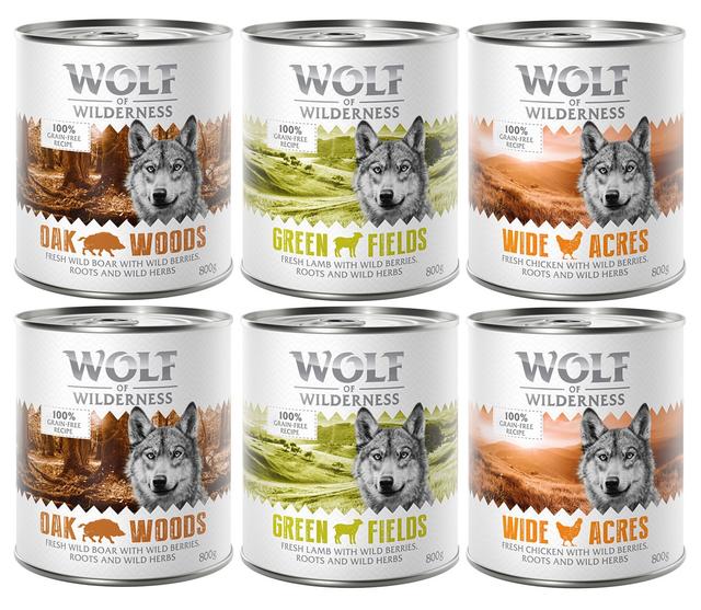 10% taniej! Wolf of Wilderness, karma mokra dla psa, 6 x 800 g - Mieszany pakiet próbny Adult: Dzik, kurczak, jagnięcina on Productcaster.