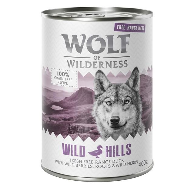 10% taniej! Wolf of Wilderness, karma mokra dla psa, 24 x 400 g - Adult "Mięso ze zrównoważonej hodowli", Wild Hills - Kaczka on Productcaster.