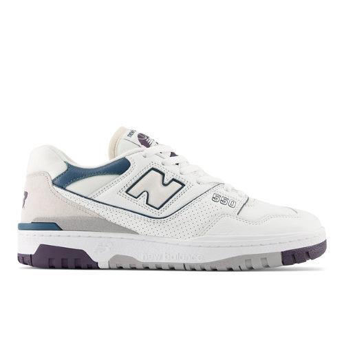 New Balance Unisex 550 in White/Purple/Blue Leather, size 5 on Productcaster.