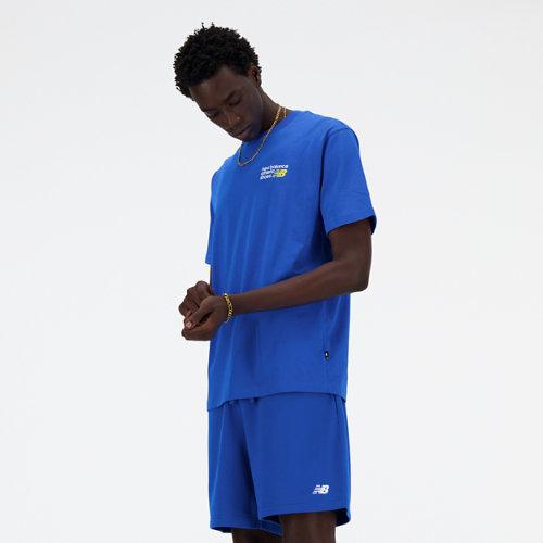 New Balance Men's Athletics Premium Logo T-Shirt in Blue Cotton, size Large on Productcaster.