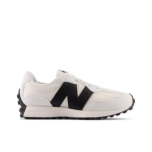 New Balance Kids' 327 Bungee Lace in White/Black Synthetic, size 1.5 on Productcaster.