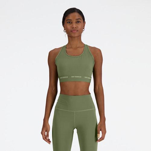 New Balance Women's NB Sleek Medium Support Sports Bra in Green Poly Knit, Size on Productcaster.