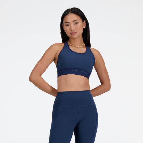 New Balance Women's NB Sleek Medium Support Sports Bra in Blue Poly Knit, size Large on Productcaster.